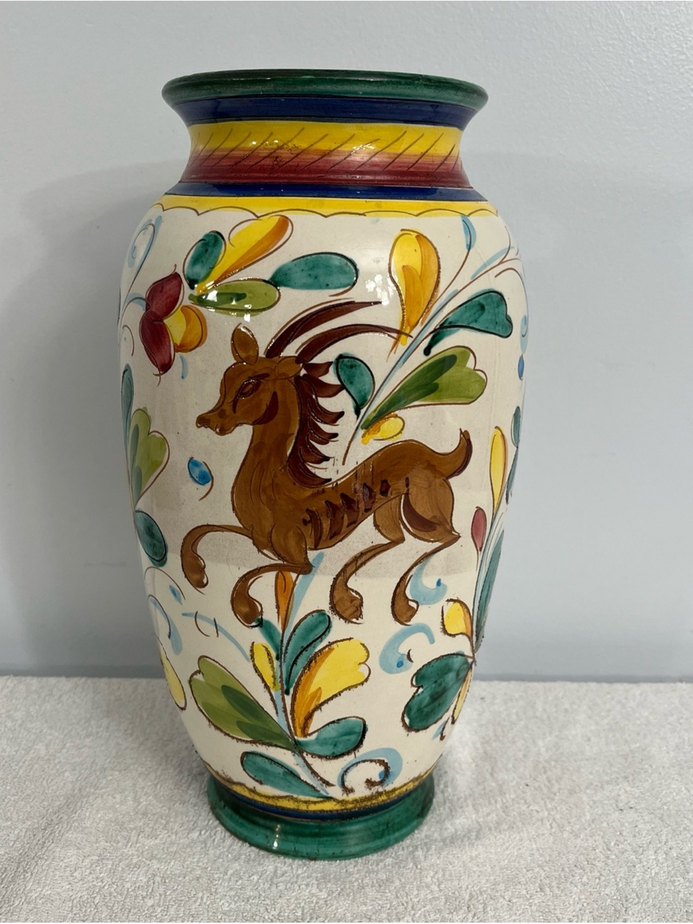 Vintage Italian Majolica Sgraffito Vase Hand-Painted Horned Goat & Floral Italy